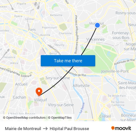 Mairie de Montreuil to Hôpital Paul Brousse map