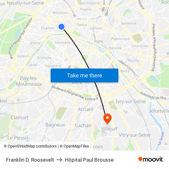 Franklin D. Roosevelt to Hôpital Paul Brousse map