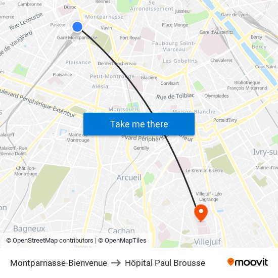 Montparnasse-Bienvenue to Hôpital Paul Brousse map