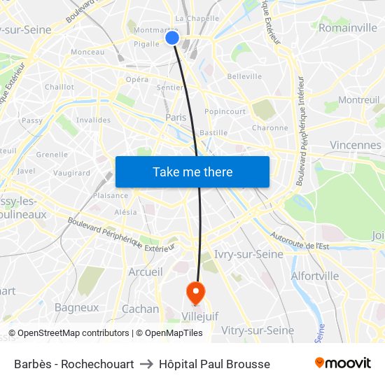 Barbès - Rochechouart to Hôpital Paul Brousse map