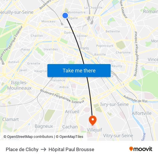 Place de Clichy to Hôpital Paul Brousse map