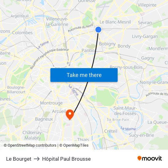 Le Bourget to Hôpital Paul Brousse map