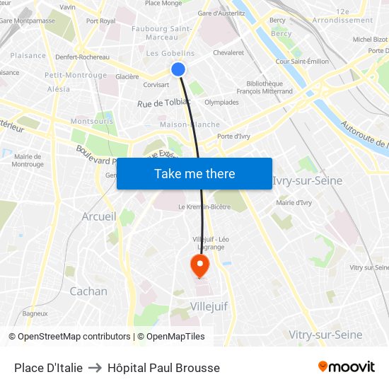 Place D'Italie to Hôpital Paul Brousse map