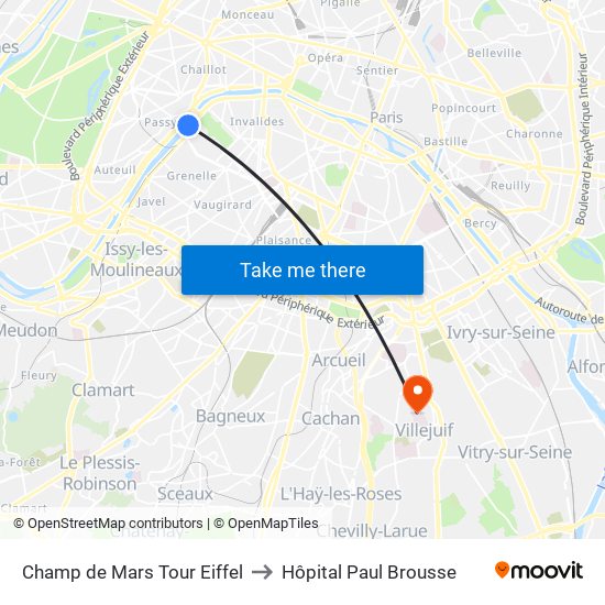 Champ de Mars Tour Eiffel to Hôpital Paul Brousse map