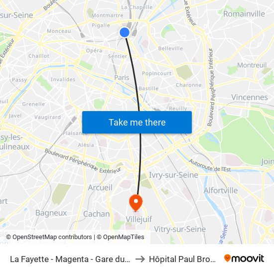 La Fayette - Magenta - Gare du Nord to Hôpital Paul Brousse map