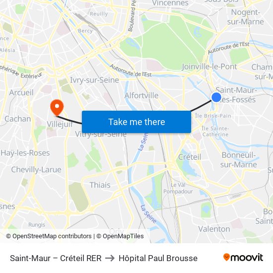 Saint-Maur – Créteil RER to Hôpital Paul Brousse map