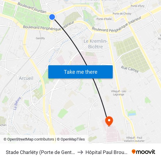 Stade Charléty (Porte de Gentilly) to Hôpital Paul Brousse map