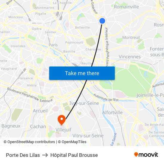 Porte Des Lilas to Hôpital Paul Brousse map