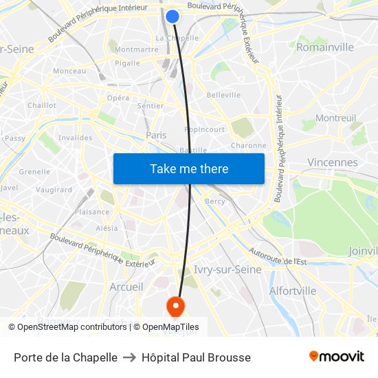 Porte de la Chapelle to Hôpital Paul Brousse map