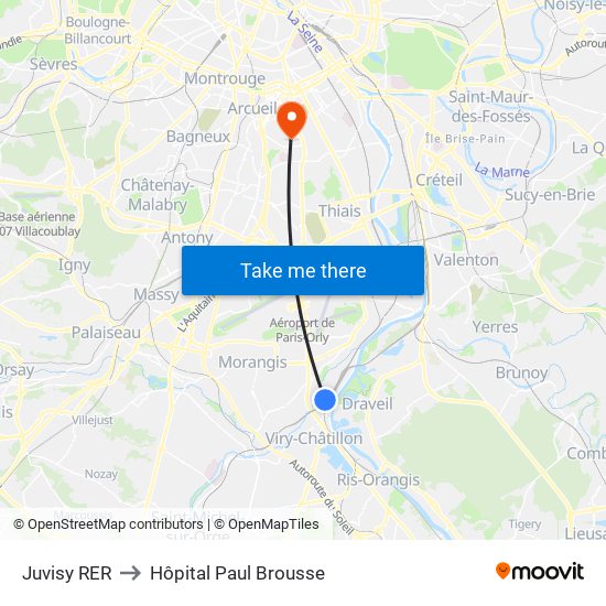 Juvisy RER to Hôpital Paul Brousse map