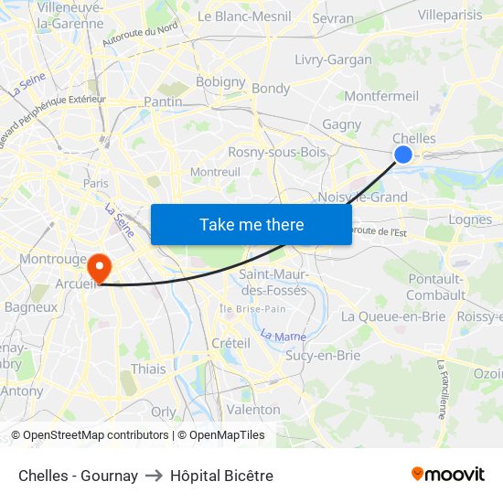 Chelles - Gournay to Hôpital Bicêtre map