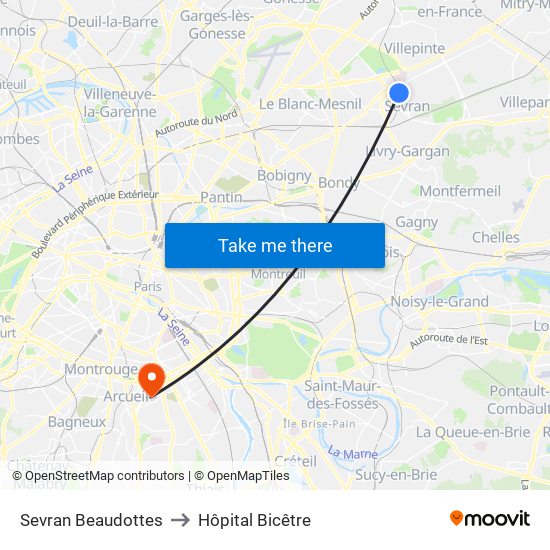 Sevran Beaudottes to Hôpital Bicêtre map