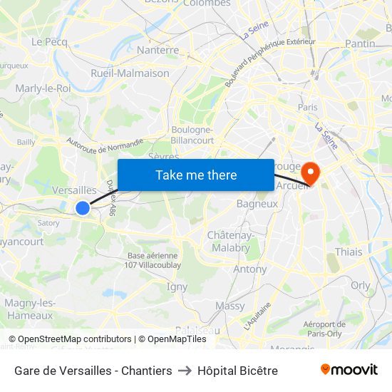 Gare de Versailles - Chantiers to Hôpital Bicêtre map