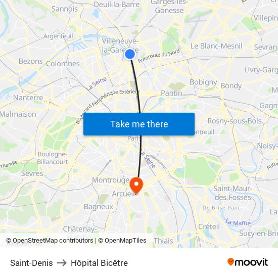 Saint-Denis to Hôpital Bicêtre map