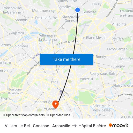 Villiers-Le-Bel - Gonesse - Arnouville to Hôpital Bicêtre map