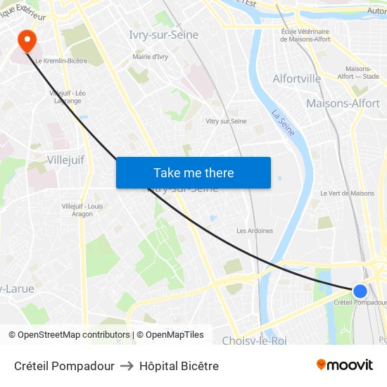 Créteil Pompadour to Hôpital Bicêtre map