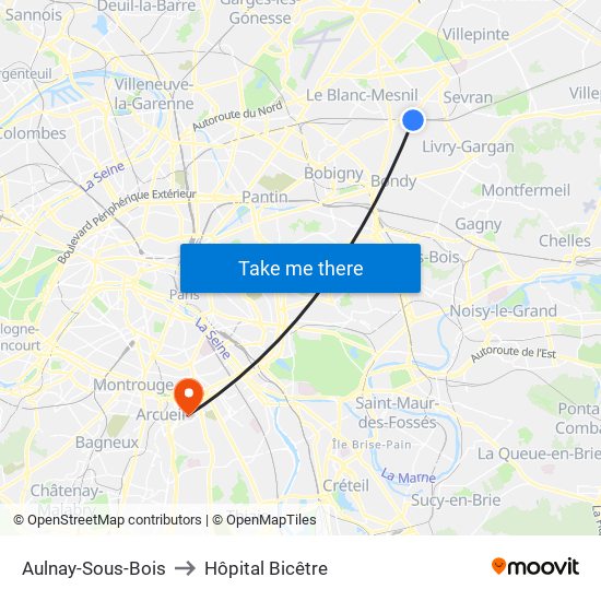 Aulnay-Sous-Bois to Hôpital Bicêtre map