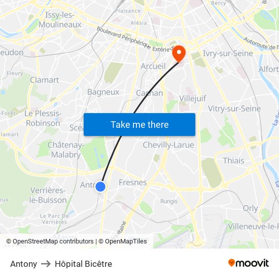 Antony to Hôpital Bicêtre map