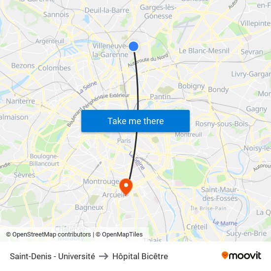 Saint-Denis - Université to Hôpital Bicêtre map