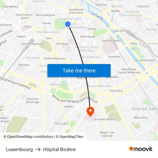 Luxembourg to Hôpital Bicêtre map