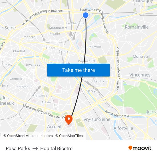 Rosa Parks to Hôpital Bicêtre map