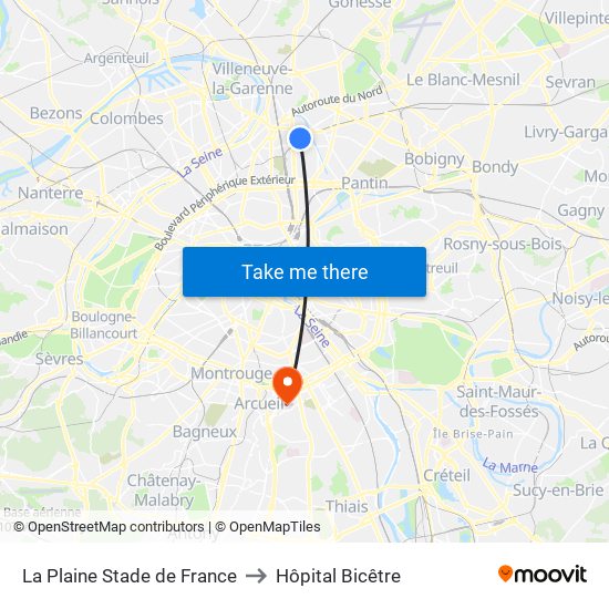 La Plaine Stade de France to Hôpital Bicêtre map