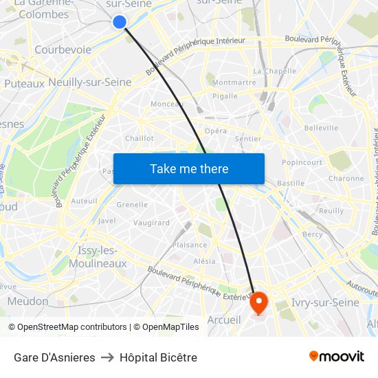 Gare D'Asnieres to Hôpital Bicêtre map