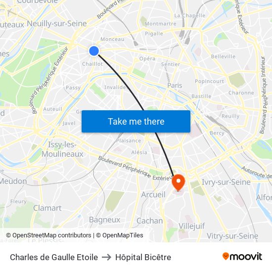 Charles de Gaulle Etoile to Hôpital Bicêtre map