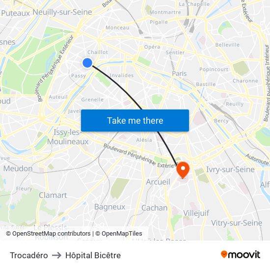 Trocadéro to Hôpital Bicêtre map