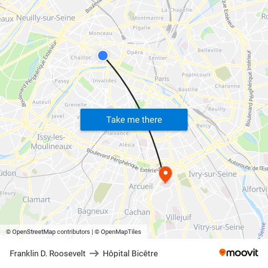 Franklin D. Roosevelt to Hôpital Bicêtre map
