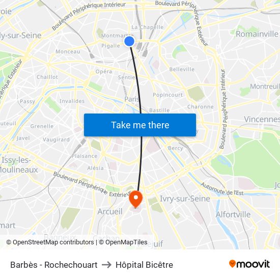 Barbès - Rochechouart to Hôpital Bicêtre map