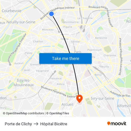 Porte de Clichy to Hôpital Bicêtre map