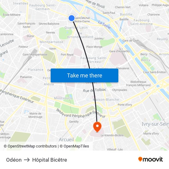 Odéon to Hôpital Bicêtre map