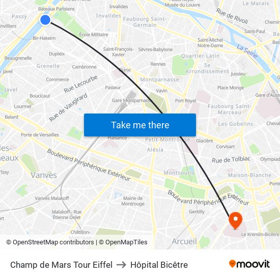 Champ de Mars Tour Eiffel to Hôpital Bicêtre map