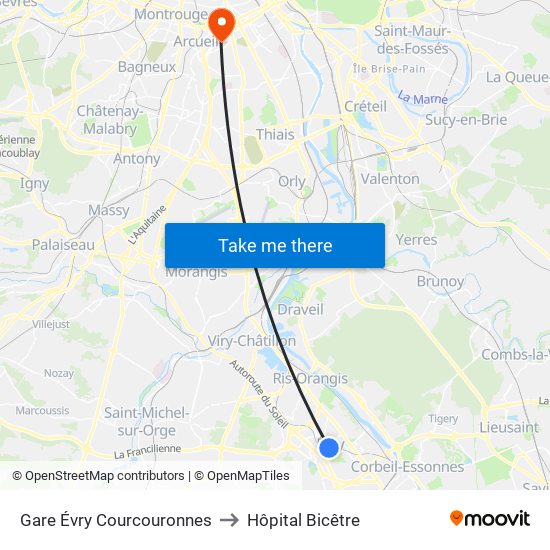 Gare Évry Courcouronnes to Hôpital Bicêtre map