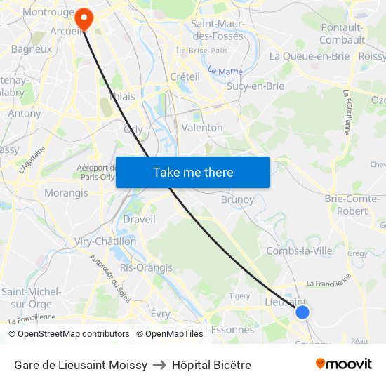 Gare de Lieusaint Moissy to Hôpital Bicêtre map