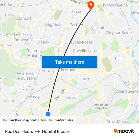 Rue Des Fleurs to Hôpital Bicêtre map