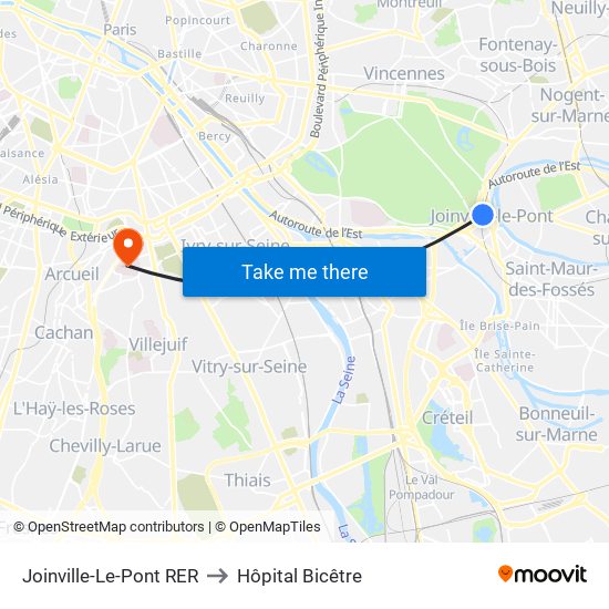 Joinville-Le-Pont RER to Hôpital Bicêtre map