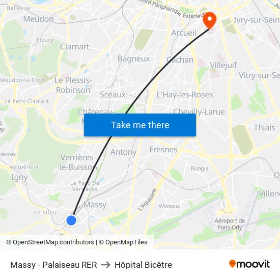 Massy - Palaiseau RER to Hôpital Bicêtre map
