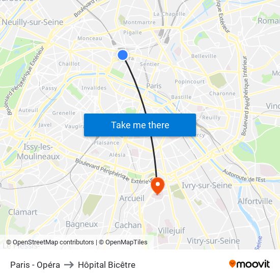 Paris - Opéra to Hôpital Bicêtre map