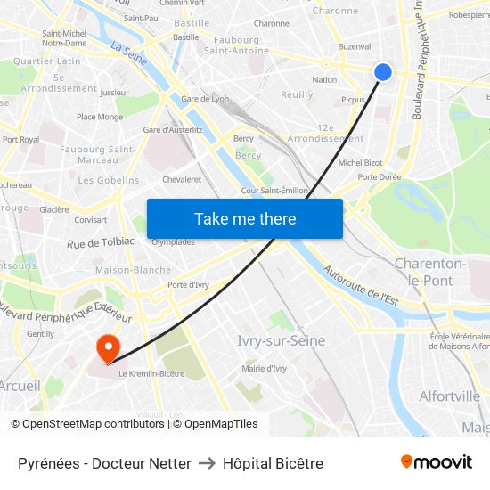 Pyrénées - Docteur Netter to Hôpital Bicêtre map