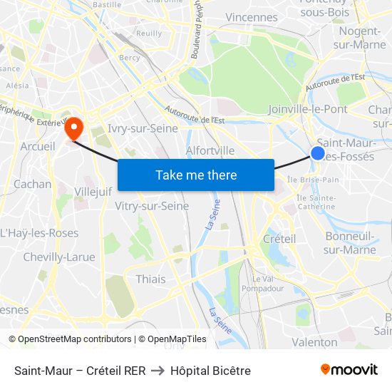Saint-Maur – Créteil RER to Hôpital Bicêtre map