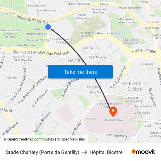 Stade Charléty (Porte de Gentilly) to Hôpital Bicêtre map