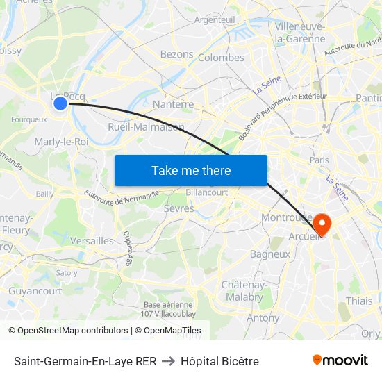 Saint-Germain-En-Laye RER to Hôpital Bicêtre map