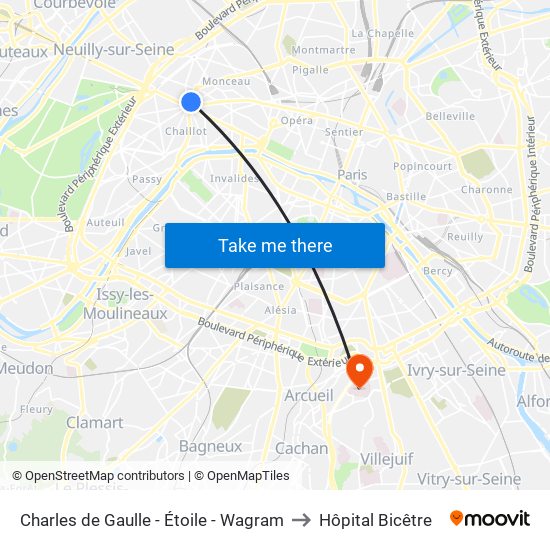 Charles de Gaulle - Étoile - Wagram to Hôpital Bicêtre map