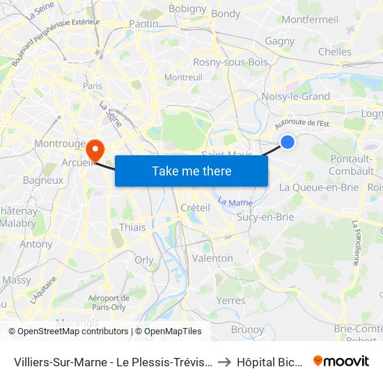 Villiers-Sur-Marne - Le Plessis-Trévise RER to Hôpital Bicêtre map