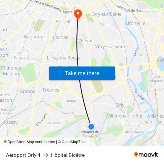 Aéroport Orly 4 to Hôpital Bicêtre map