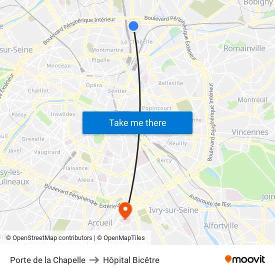 Porte de la Chapelle to Hôpital Bicêtre map