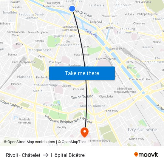 Rivoli - Châtelet to Hôpital Bicêtre map