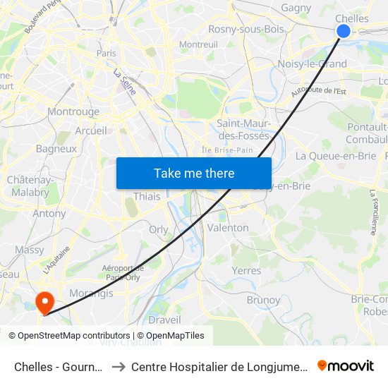 Chelles - Gournay to Centre Hospitalier de Longjumeau map